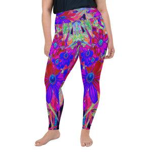 Plus Size Leggings, Psychedelic Retro Crimson and Magenta Wildflowers