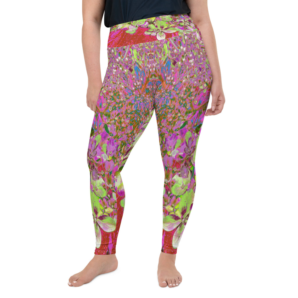 Plus Size Leggings - Elegant Chartreuse Green, Pink and Blue Hydrangea