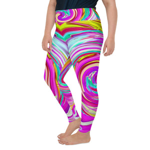 Plus Size Leggings for Women, Colorful Fiesta Swirl Retro Abstract Design
