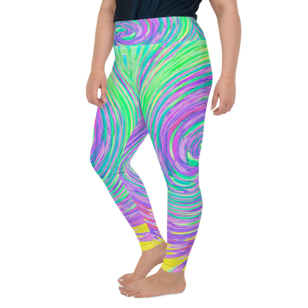 Plus Size Leggings for Women, Turquoise Blue and Purple Abstract Swirl