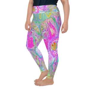 Plus Size Leggings for Women, Psychedelic Hot Pink and Ultra-Violet Hibiscus