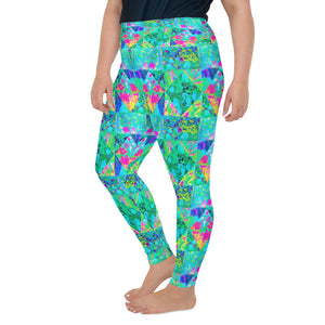 Plus Size Leggings for Women, Garden Quilt Painting with Hydrangea and Blues