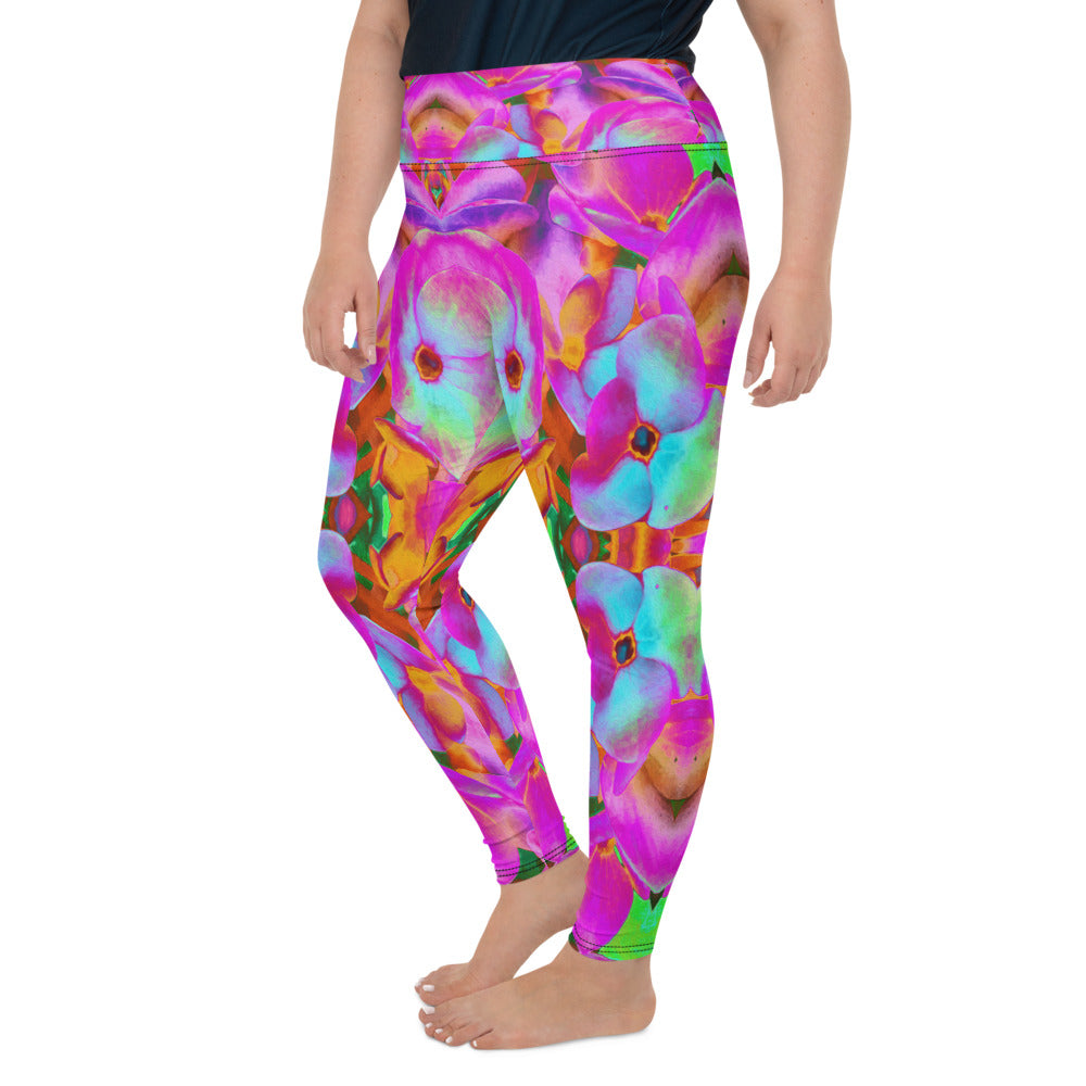 Plus Size Leggings for Women, Hydrangea Flower Petals in Aqua, Magenta and Orange