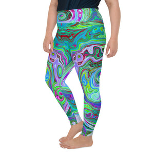 Plus Size Leggings for Women, Retro Green, Red and Magenta Abstract Groovy Swirl