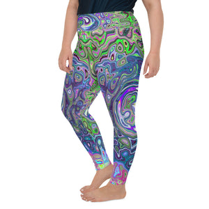 Plus Size Leggings for Women, Marbled Lime Green and Purple Abstract Retro Swirl