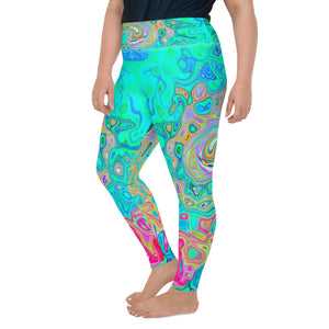 Colorful Plus Size Leggings for Women, Groovy Abstract Retro Rainbow Liquid Swirl