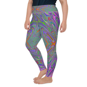 Plus Size Leggings, Abstract Trippy Purple, Orange and Lime Green Butterfly All Over Print