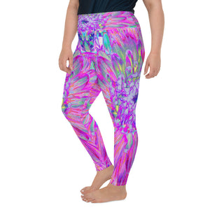 Plus Size Leggings for Women, Cool Pink Blue and Purple Artsy Dahlia Bloom