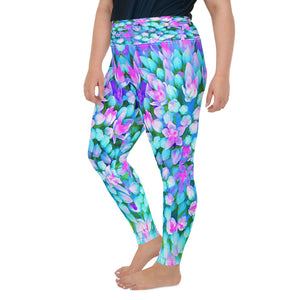 Plus Size Leggings, Blue and Hot Pink Succulent Sedum Flowers Detail