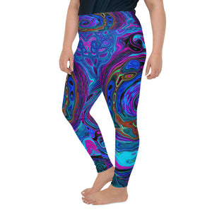 Plus Size Leggings for Women, Groovy Abstract Retro Blue and Purple Swirl