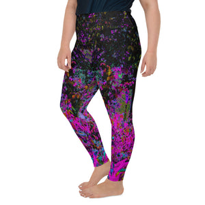 Plus Size Leggings - Psychedelic Hot Pink and Black Garden Sunrise