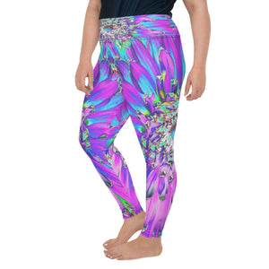 Plus Size Leggings for Women, Trippy Abstract Aqua, Lime Green and Purple Dahlia