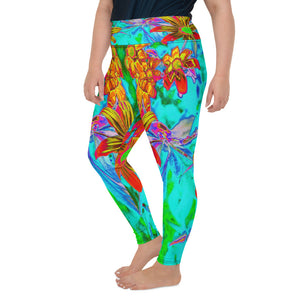Aqua Tropical with Yellow and Orange Flowers Plus Size Leggings for Women