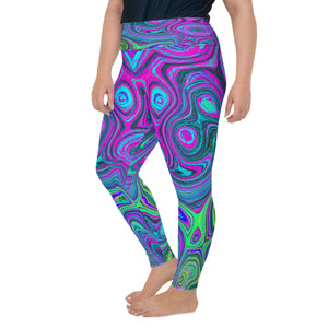 Plus Size Leggings for Women, Marbled Magenta and Lime Green Groovy Abstract Art