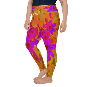 Plus Size Leggings for Women, Colorful Ultra-Violet, Magenta and Red Wildflowers