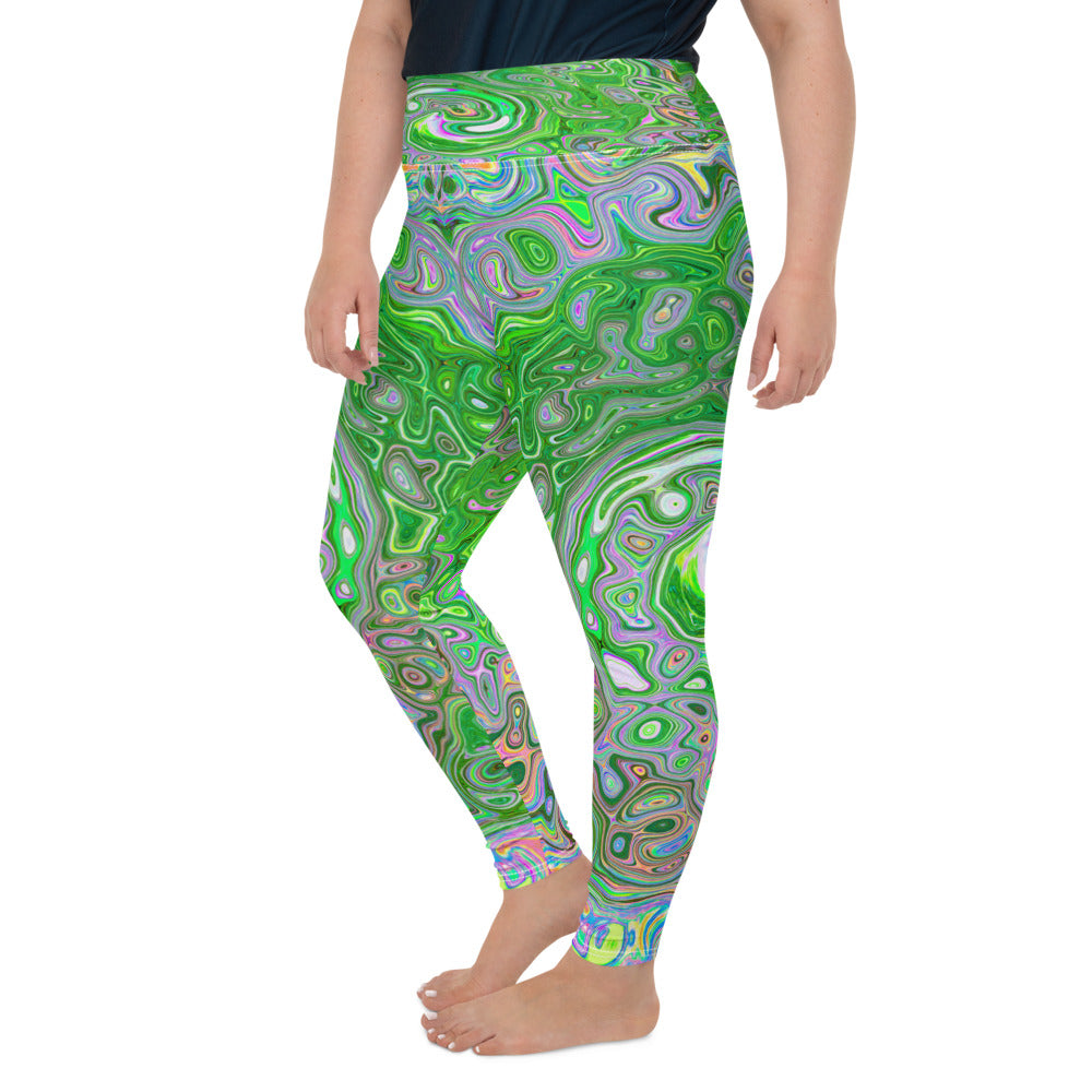 Plus Size Leggings for Women, Trippy Lime Green and Pink Abstract Retro Swirl