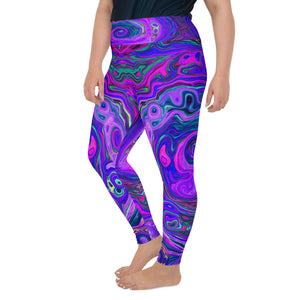 Plus Size Leggings for Women, Groovy Abstract Retro Magenta and Purple Swirl