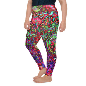 Plus Size Leggings for Women, Watercolor Red Groovy Abstract Retro Liquid Swirl