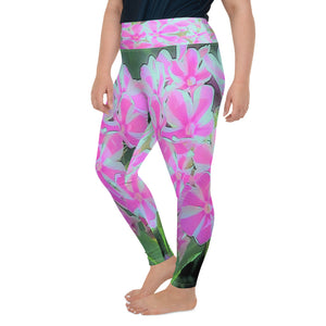 Plus Size Leggings for Women, Hot Pink and White Peppermint Twist Garden Phlox