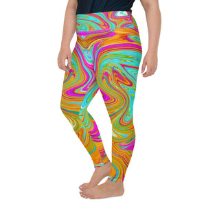 Plus Size Leggings for Women, Blue, Orange and Hot Pink Groovy Abstract Retro Art