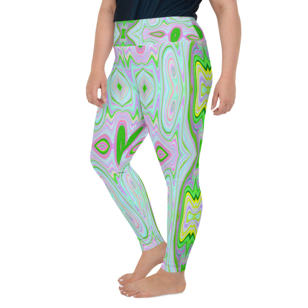 Plus Size Leggings for Women, Retro Abstract Pink, Lime Green and Aqua Pattern
