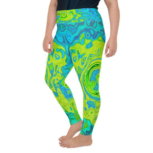 Plus Size Leggings for Women, Groovy Chartreuse and Aquamarine Liquid Swirl