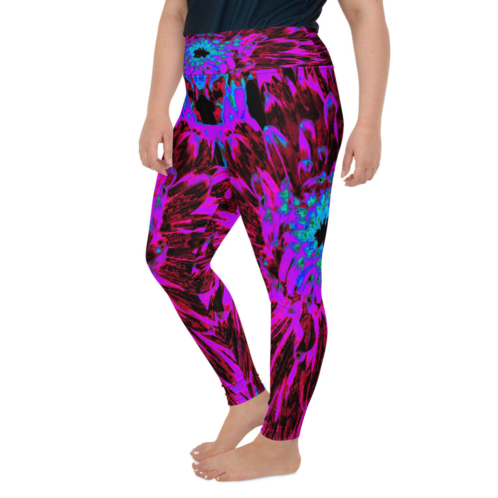 Plus Size Leggings for Women, Dramatic Crimson Red, Purple and Black Dahlia