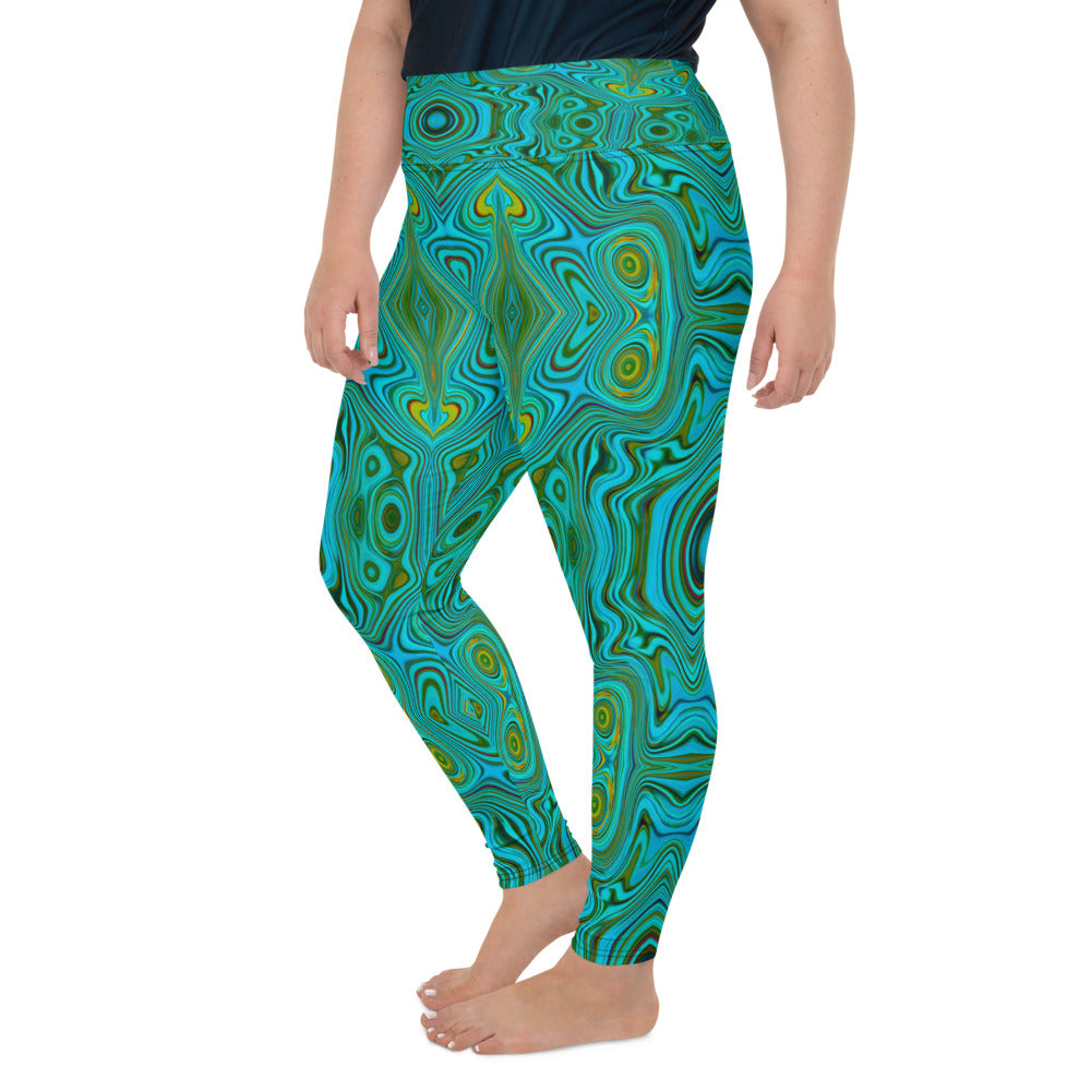 Plus Size Leggings for Women, Trippy Retro Turquoise Chartreuse Abstract Pattern