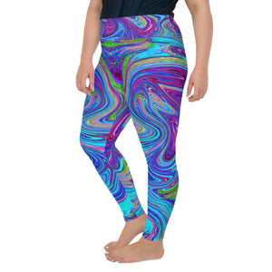 Plus Size Leggings for Women, Blue, Pink and Purple Groovy Abstract Retro Art