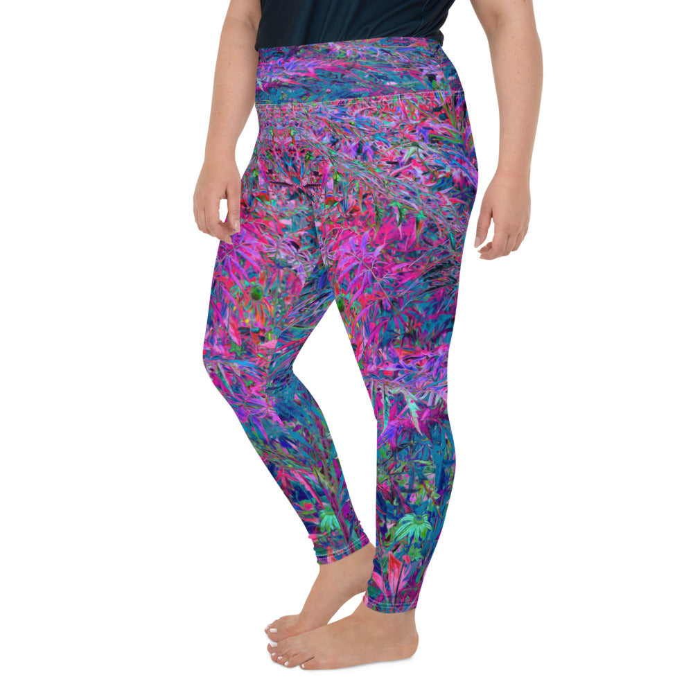 Plus Size Leggings for Women, Abstract Psychedelic Rainbow Colors Foliage Garden