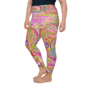 Plus Size Leggings for Women, Retro Pink, Yellow and Magenta Abstract Groovy Art