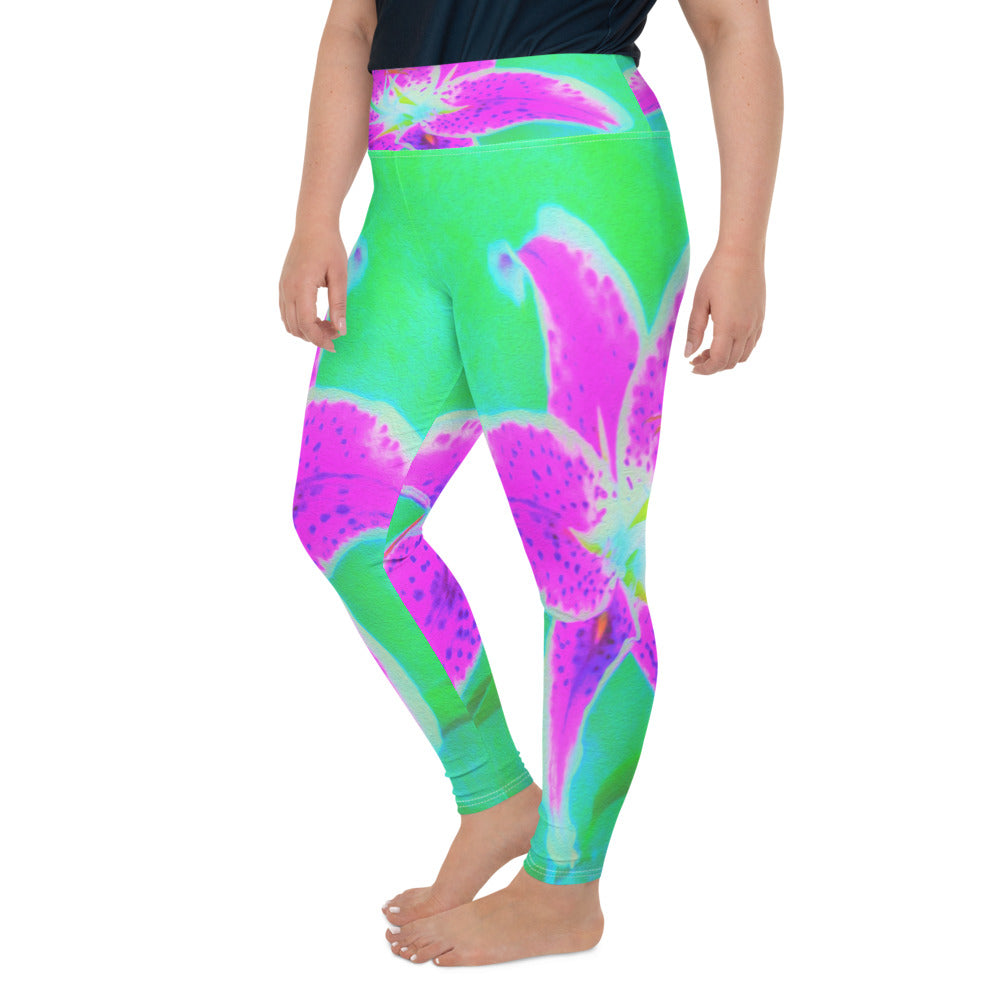 Plus Size Leggings for Women, Hot Pink Stargazer Lily on Turquoise and Green