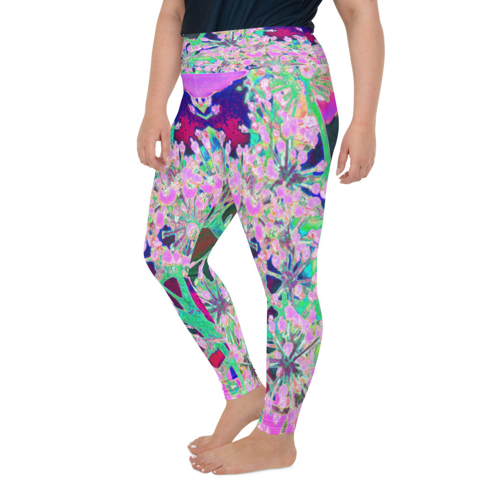 Plus Size Leggings for Women, Cool Abstract Retro Nature in Pink and Lime Green