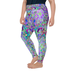 Plus Size Leggings for Women, Trippy Abstract Pink and Purple Flowers