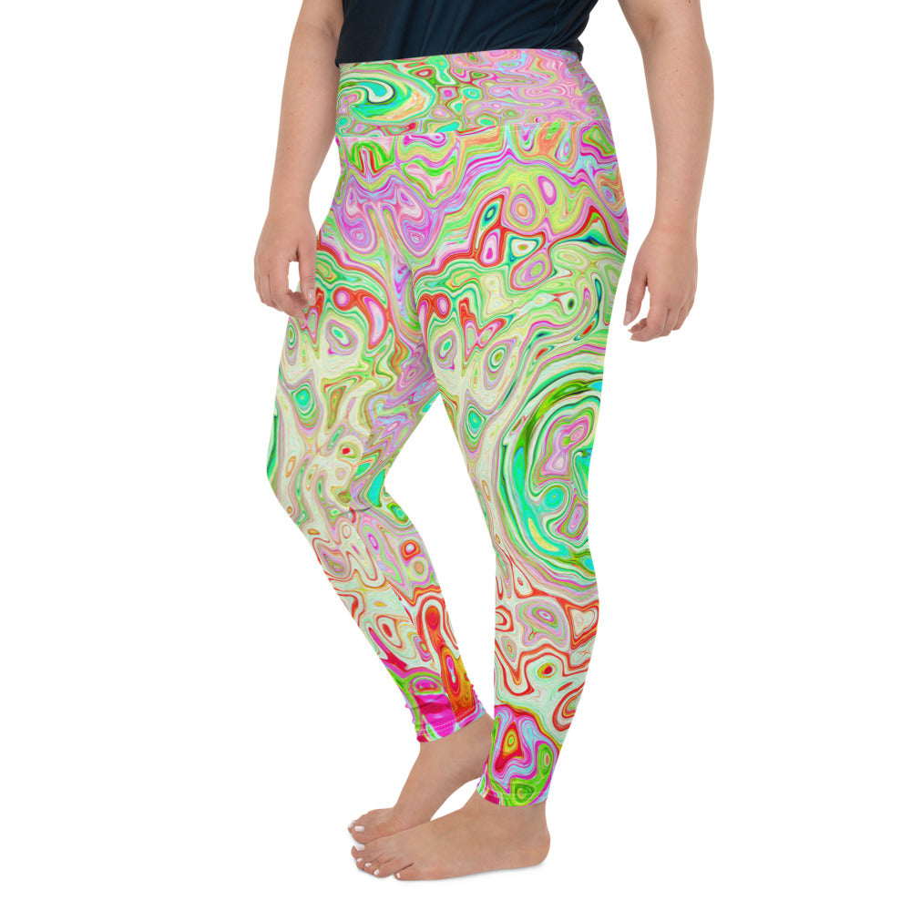 Plus Size Leggings for Women, Groovy Abstract Retro Pastel Green Liquid Swirl