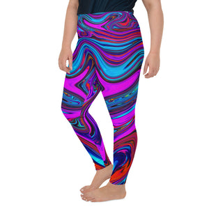 Plus Size Leggings for Women, Marbled Magenta, Blue and Red Abstract Art