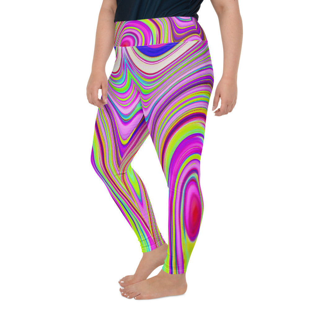 Plus Size Leggings for Women, Trippy Yellow and Pink Abstract Groovy Retro Art