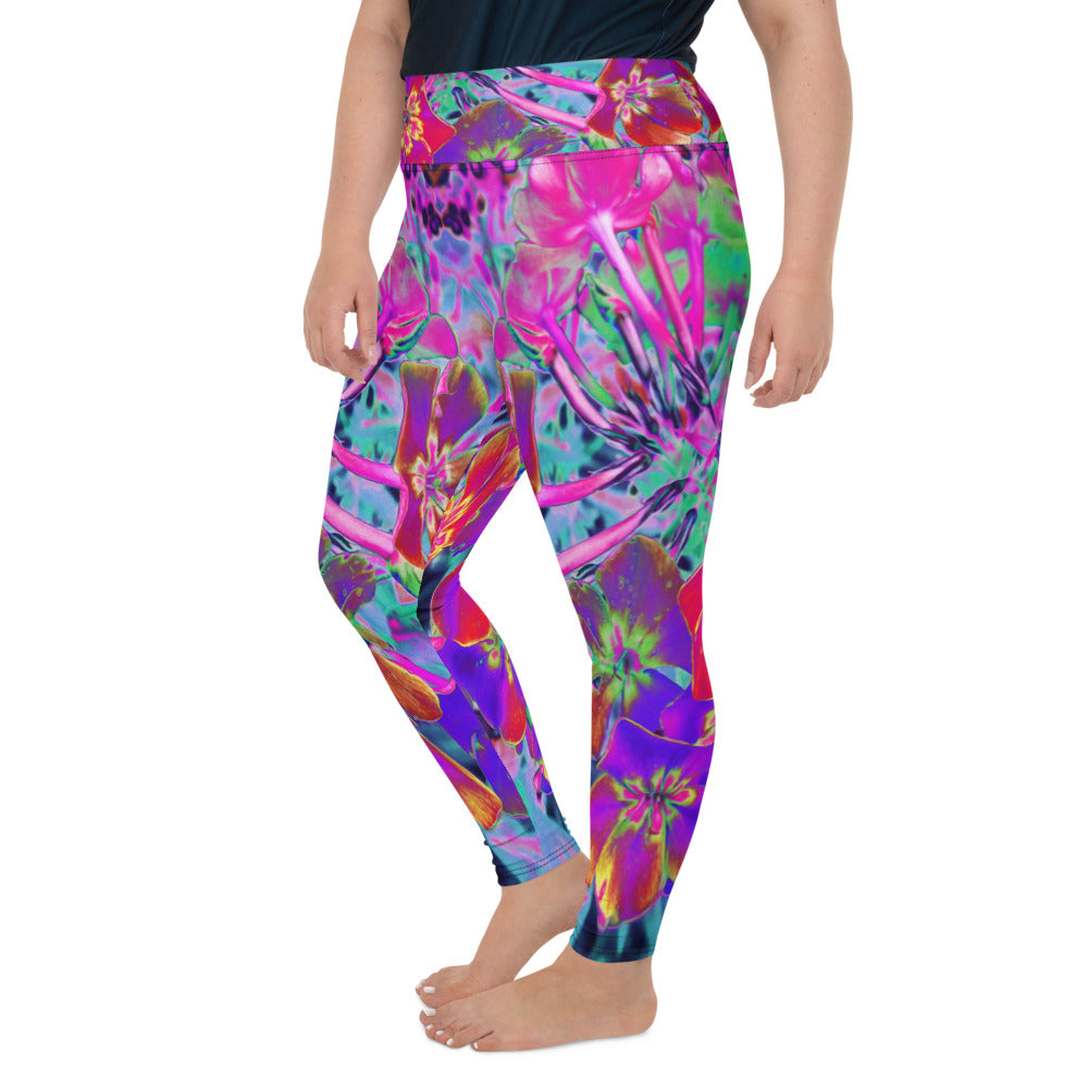 Plus Size Leggings for Women, Dramatic Psychedelic Colorful Red and Purple Flowers