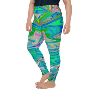 Plus Size Leggings for Women, Colorful Marbled Lime Green Abstract Retro Liquid Art