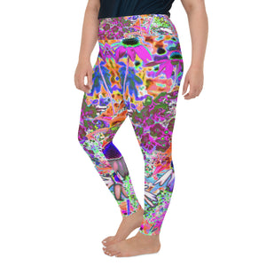 Plus Size Leggings for Women, Psychedelic Hot Pink and Lime Green Garden Flowers