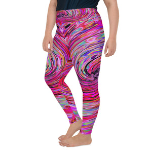 Plus Size Leggings for Women, Cool Abstract Retro Hot Pink and Red Floral Swirl