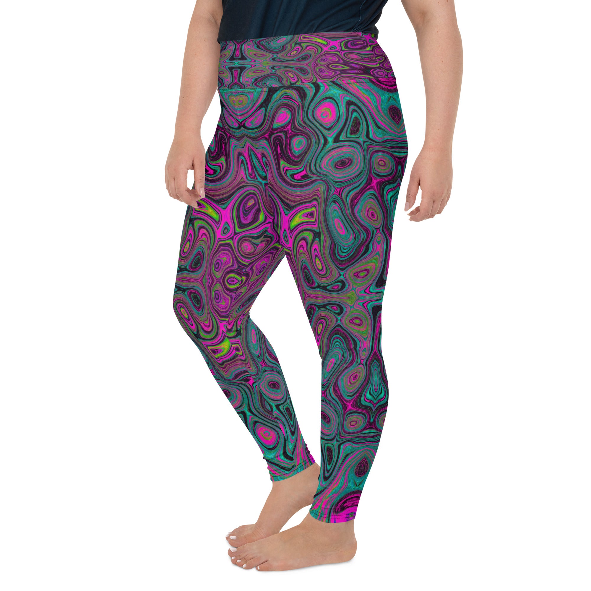 Plus Size Leggings for Women, Abstract Magenta and Teal Blue Groovy Retro Pattern