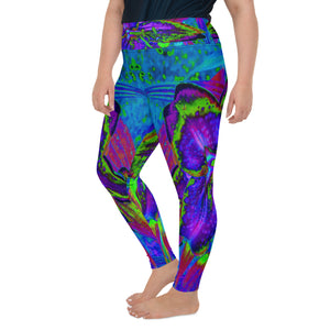 Plus Size Leggings for Women, Psychedelic Purple and Lime Green Lily Flower