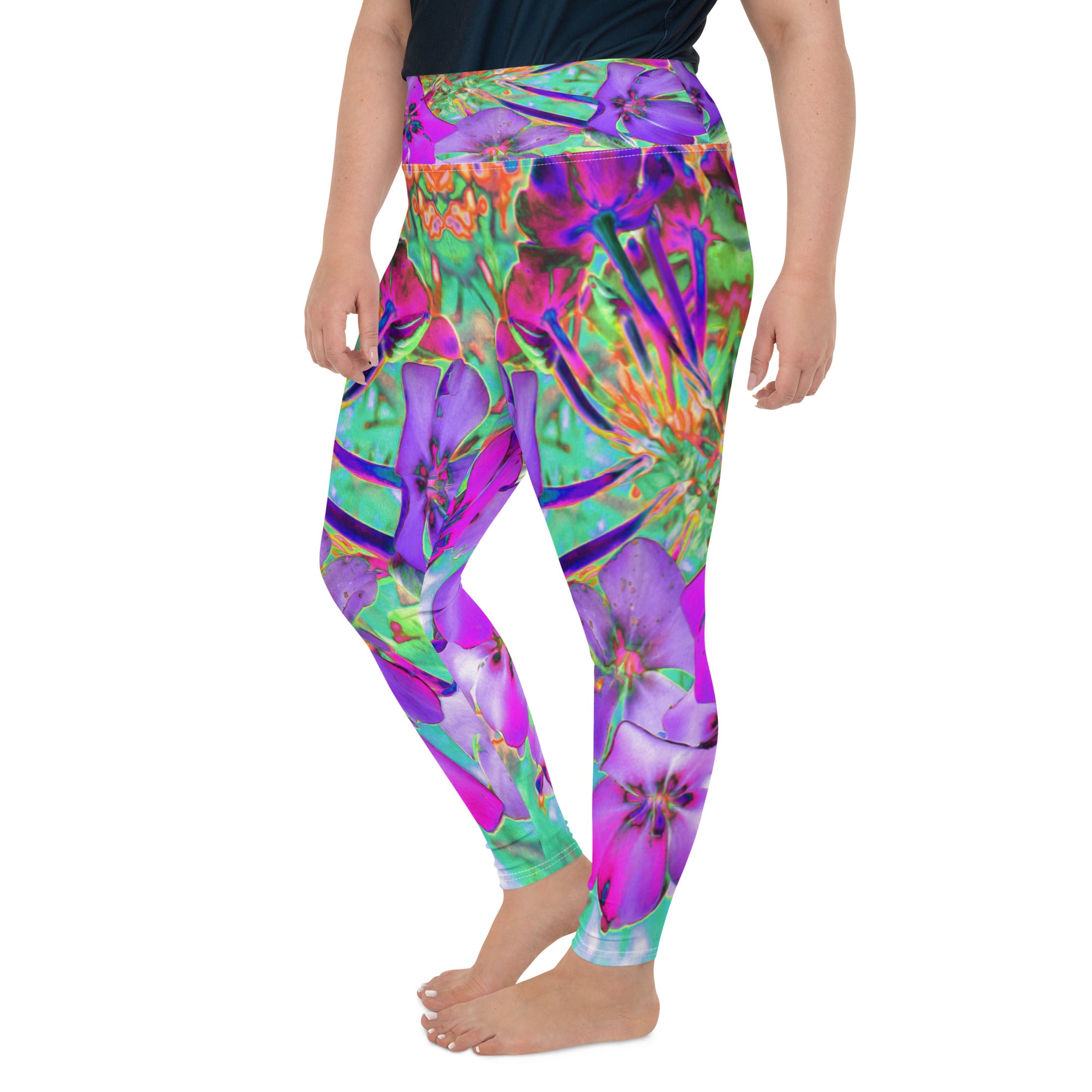 Plus Size Leggings, Dramatic Psychedelic Magenta and Purple Flowers