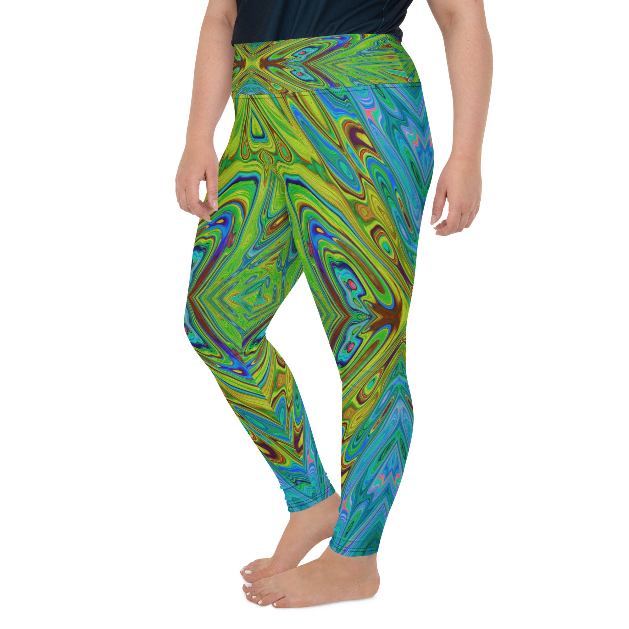 Plus Size Leggings, Trippy Chartreuse and Blue Abstract Butterfly