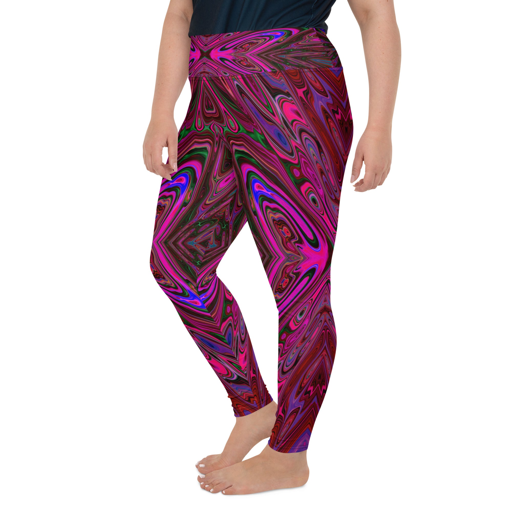 Plus Size Leggings, Trippy Hot Pink, Red and Blue Abstract Butterfly