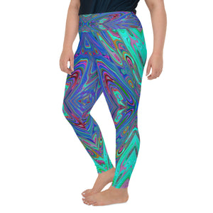Plus Size Leggings, Trippy Retro Blue and Red Abstract Butterfly