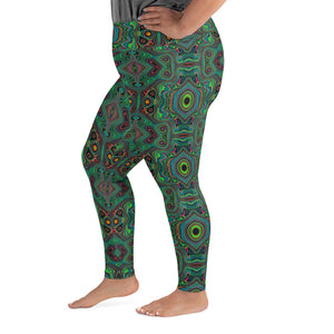 Plus Size Leggings, Trippy Retro Black and Lime Green Abstract Pattern