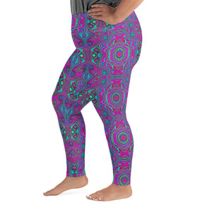 Plus Size Leggings, Trippy Retro Magenta, Blue and Green Abstract