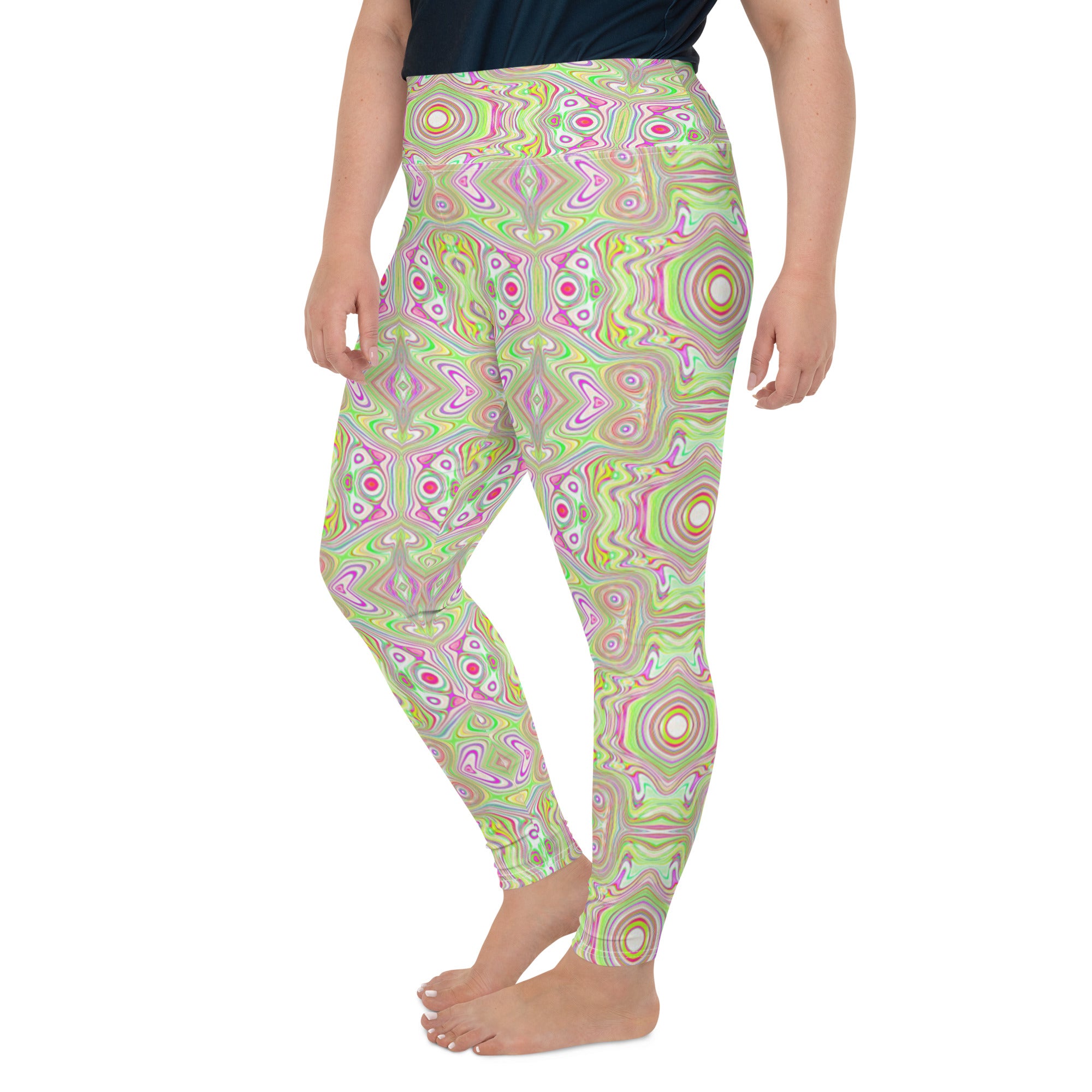 Plus Size Leggings, Trippy Retro Pink and Lime Green Abstract Pattern